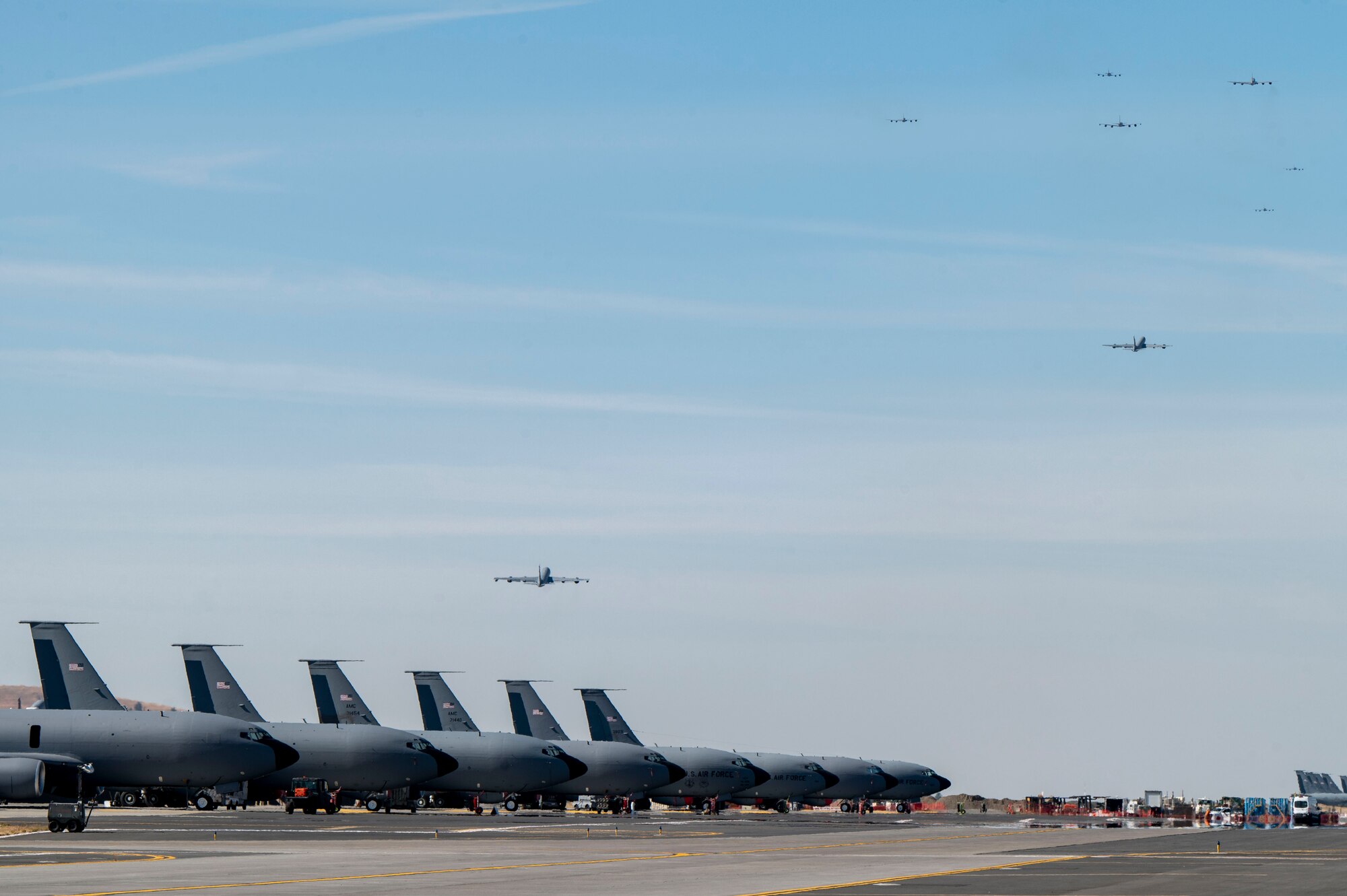 Jets take off from the flightline.