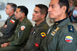 Foreign liaison officers from Ecuador, Colombia, Peru and Chile attend a Change of Command and activation ceremony for Air Forces Southern at Davis-Monthan Air Force Base, Arizona, Sep. 11, 2024. The foreign liaison officers serve as direct conduits and integrate into AFSOUTH headquarters to represent their nation’s equities within the U.S. Southern Command Area of Responsibility. (U.S. Air Force photo by Tech. Sgt. Rachel Maxwell)