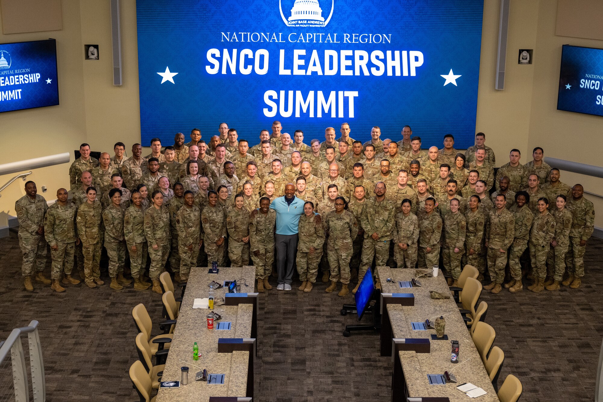 U.S. Air Force Retired Chief Master Sgt. of the Air Force Kaleth O. Wright, poses with over 100 senior noncommissioned officers at their final brief during the National Capital Region SNCO Summit at the Smart Center on Joint Base Andrews, Maryland, Sept. 6, 2024. The summit provided an in-depth briefing on the upcoming promotionary rank, outlining the expectations and responsibilities that come with the promotion. (U.S. Air Force photo by Airman 1st Class Shanel Toussaint)
