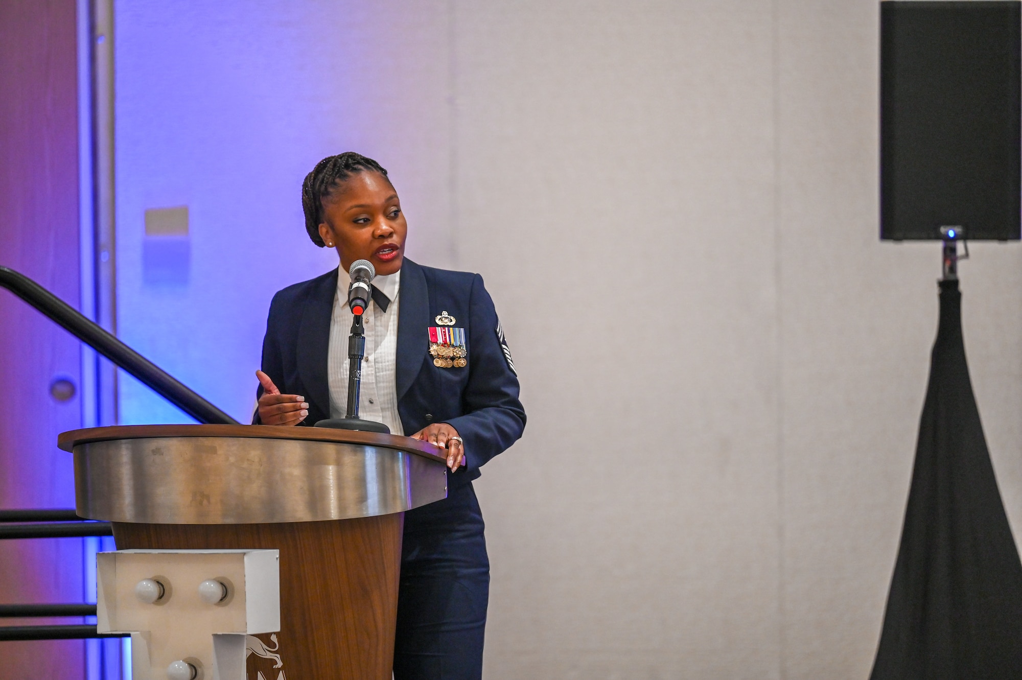 U.S. Air Force Chief Master Sgt. Charmaine N. Kelley, Air Force District of Washington and 320th Air Expeditionary Wing commander, gives a congratulatory speech during the SNCO Induction ceremony at Oxon Hill, Maryland, Sept. 7, 2024. More than 600 AFDW senior enlisted members were in attendance for the event. (U.S. Air Force photo by Airman 1st Class Shanel Toussaint)