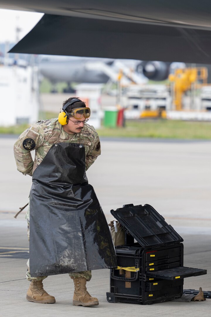 U.S. Air Force Joshua Layton, 110th Expeditionary Bomb Squadron crew chief lead, prepares to conduct repairs to a B-2 Spirit stealth bomber during a Bomber Task Force deployment at Royal Australian Air Force Base Amberley, Australia, Sept. 9, 2024. U.S. Indo-Pacific Command routinely and visibly demonstrates commitment to its allies and partners through the employment of military forces, demonstrating strategic predictability, while becoming more operationally unpredictable to adversaries. (U.S. Air Force photo by Tech. Sgt. Anthony Hetlage)