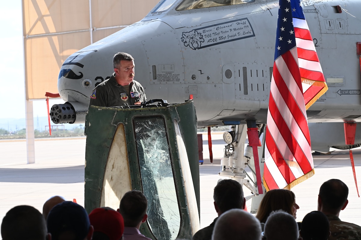 U.S. Air Force Lt. Col. Patrick Chapman, 354th Fighter Squadron commander, provides remarks during the 354th FS inactivation ceremony at Davis-Monthan Air Force Base, Arizona, Sept. 13, 2024. The 354th FS forged a lasting legacy, spanning from the skies over occupied Europe, the jungles of Southeast Asia, the mountains and valleys of Afghanistan, and across the Middle East. (U.S. Air Force photo by Staff Sgt. Abbey Rieves)