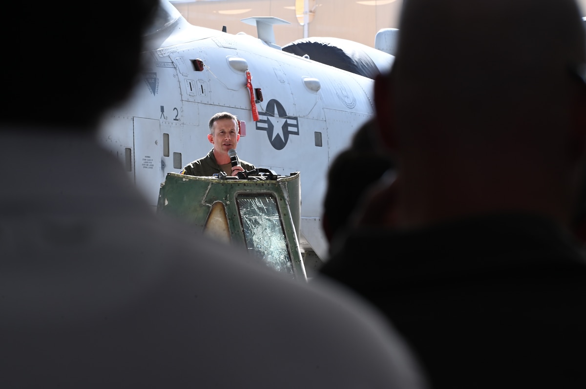 U.S. Air Force Col. Sean Hall, 355th Operations Group commander, speaks during the 354th FS inactivation ceremony at Davis-Monthan Air Force Base, Arizona, Sept. 13, 2024. Hall spoke of the Attack culture that will be present for years to come. (U.S. Air Force photo by Staff Sgt. Abbey Rieves)