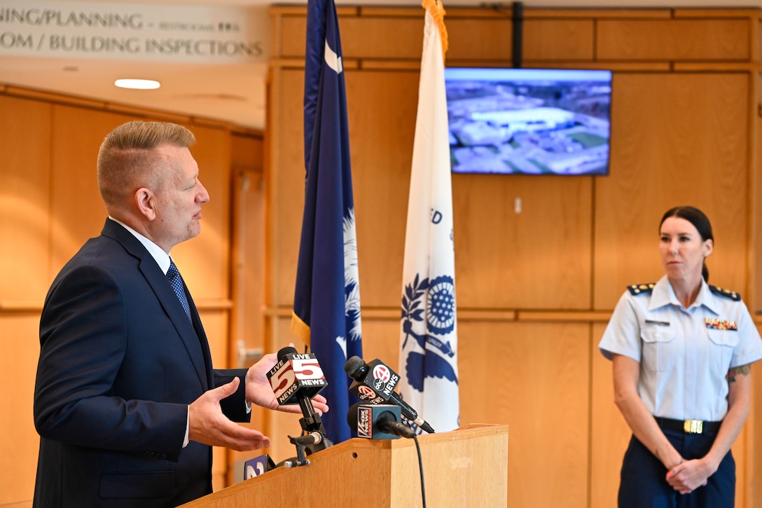 U.S. Coast Guard Marine Board of Investigation Chair Mr. Jason Neubauer speaks at a press conference ahead of the Titan submersible hearing in North Charleston, South Carolina, on Sept. 15, 2024. The hearing starts on Sept. 16, 2024, and will include testimony from subject matter experts and other relevant parties, examining evidence related to the submersible’s design, operation, and safety protocols