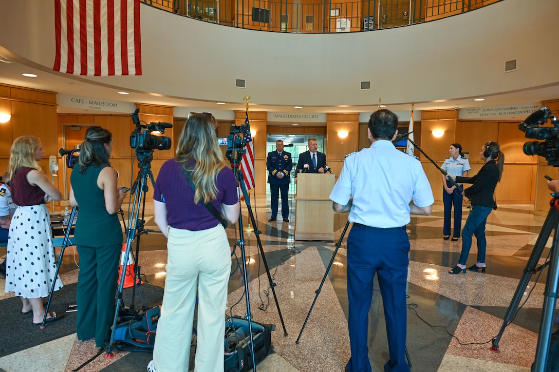 U.S. Coast Guard Marine Board of Investigation Chair Mr. Jason Neubauer speaks at a press conference ahead of the Titan submersible hearing in North Charleston, South Carolina, on Sept. 15, 2024. The hearing starts on Sept. 16, 2024, and will include testimony from subject matter experts and other relevant parties, examining evidence related to the submersible’s design, operation, and safety protocols.