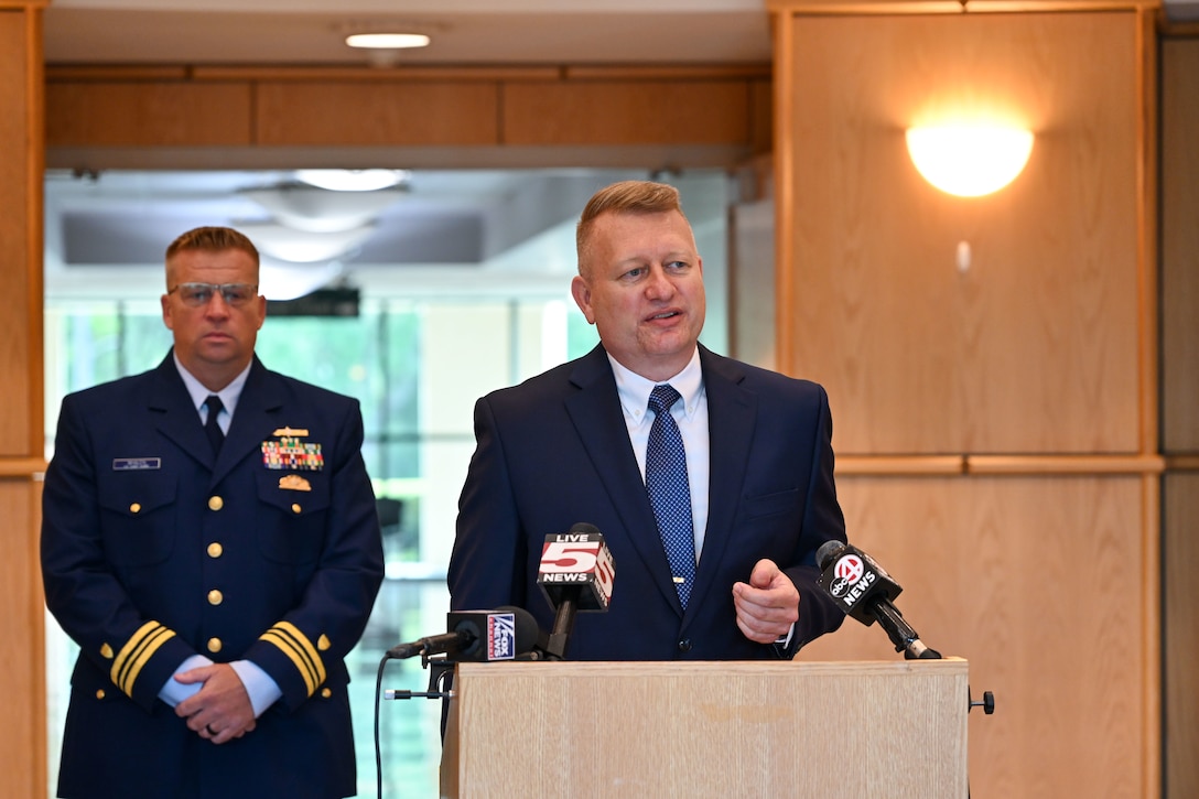 U.S. Coast Guard Marine Board of Investigation Chair Mr. Jason Neubauer speaks at a press conference ahead of the Titan submersible hearing in North Charleston, South Carolina, on Sept. 15, 2024. The hearing starts on Sept. 16, 2024, and will include testimony from subject matter experts and other relevant parties, examining evidence related to the submersible’s design, operation, and safety protocols.