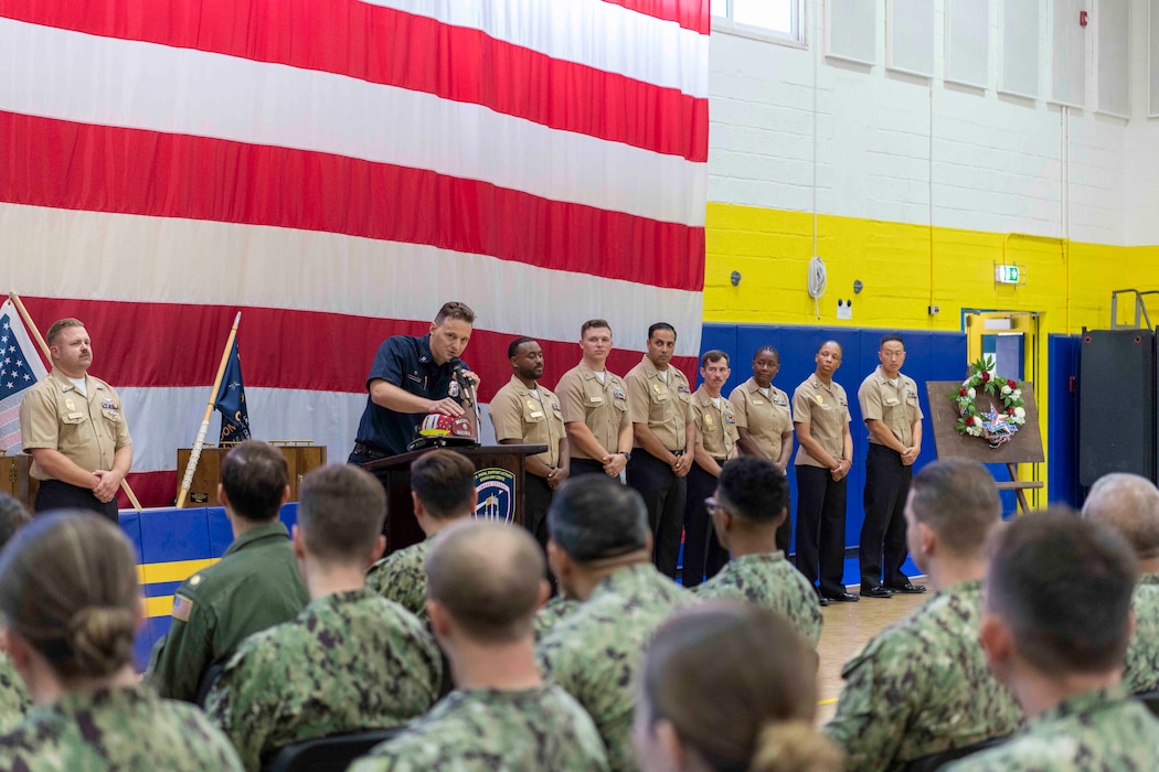 Personnel assigned to Naval Support Activity (NSA) Souda Bay, Greece, participate in a 9/11 Remembrance Ceremony, Sept. 11, 2024, onboard NSA Souda Bay, Greece.