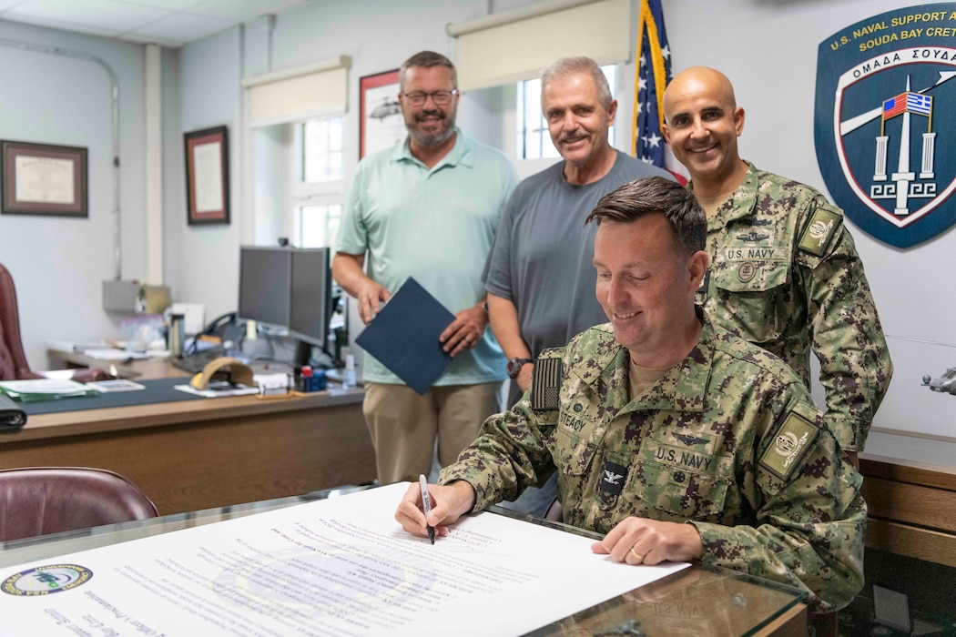 In recognition of National Preparedness Month, Capt. Stephen Steacy, commanding officer, Naval Support Activity (NSA) Souda Bay, signs a proclamation confirming the installation’s commitment to emergency preparedness, Sept. 9, 2024, onboard NSA Souda Bay, Greece.