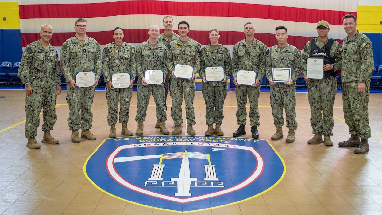 Personnel assigned to Naval Support Activity (NSA) Souda Bay, Greece, receive awards and recognitions from Capt. Stephen Steacy, commanding officer, NSA Souda Bay, during an awards ceremony on Sept. 10, 2024, onboard NSA Souda Bay.