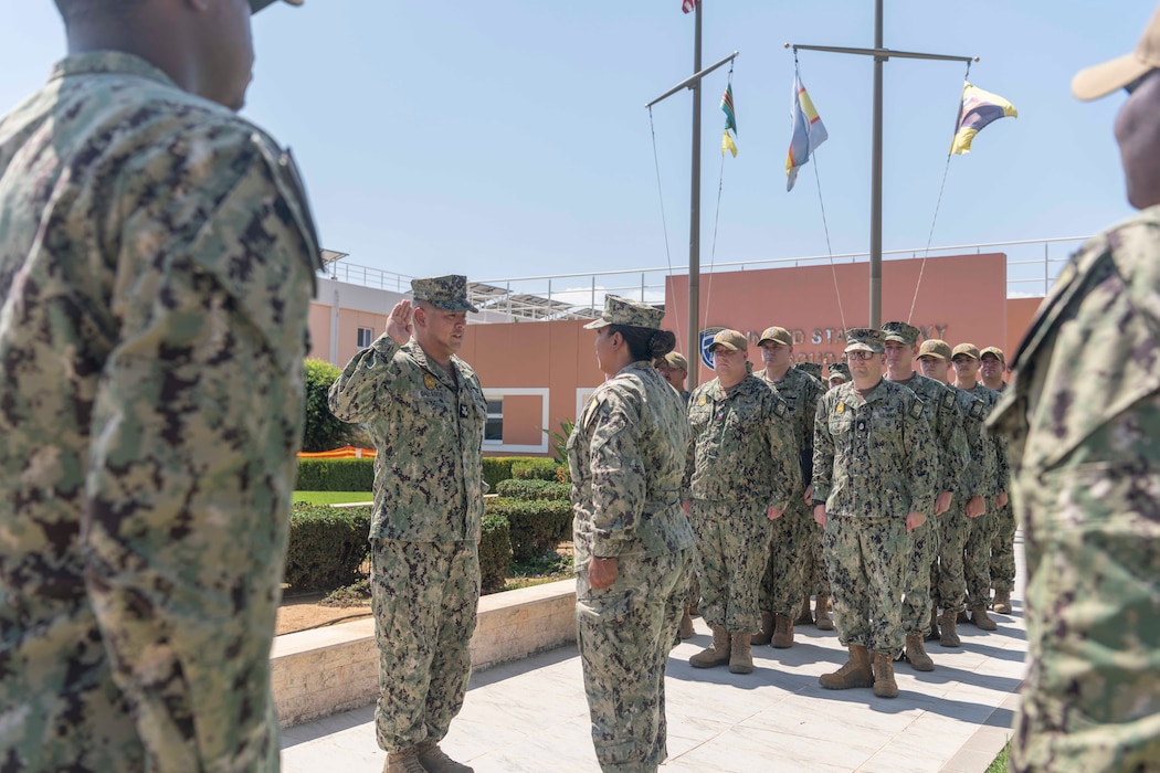 Master-at-Arms 1st Class Mark Gallegos assigned to Naval Support Activity (NSA) Souda Bay, is reenlisted by Lt. Berenice Mack, security officer, NSA Souda Bay, on Sept. 3, 2024, onboard NSA Souda Bay, Greece.