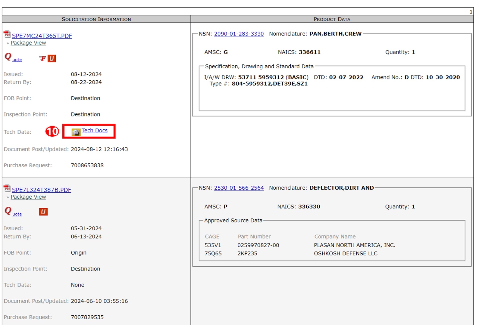 Locate the desired solicitation information and click on the link labeled Tech Docs.