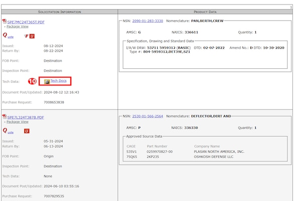 Locate the desired solicitation information and click on the link labeled Tech Docs.