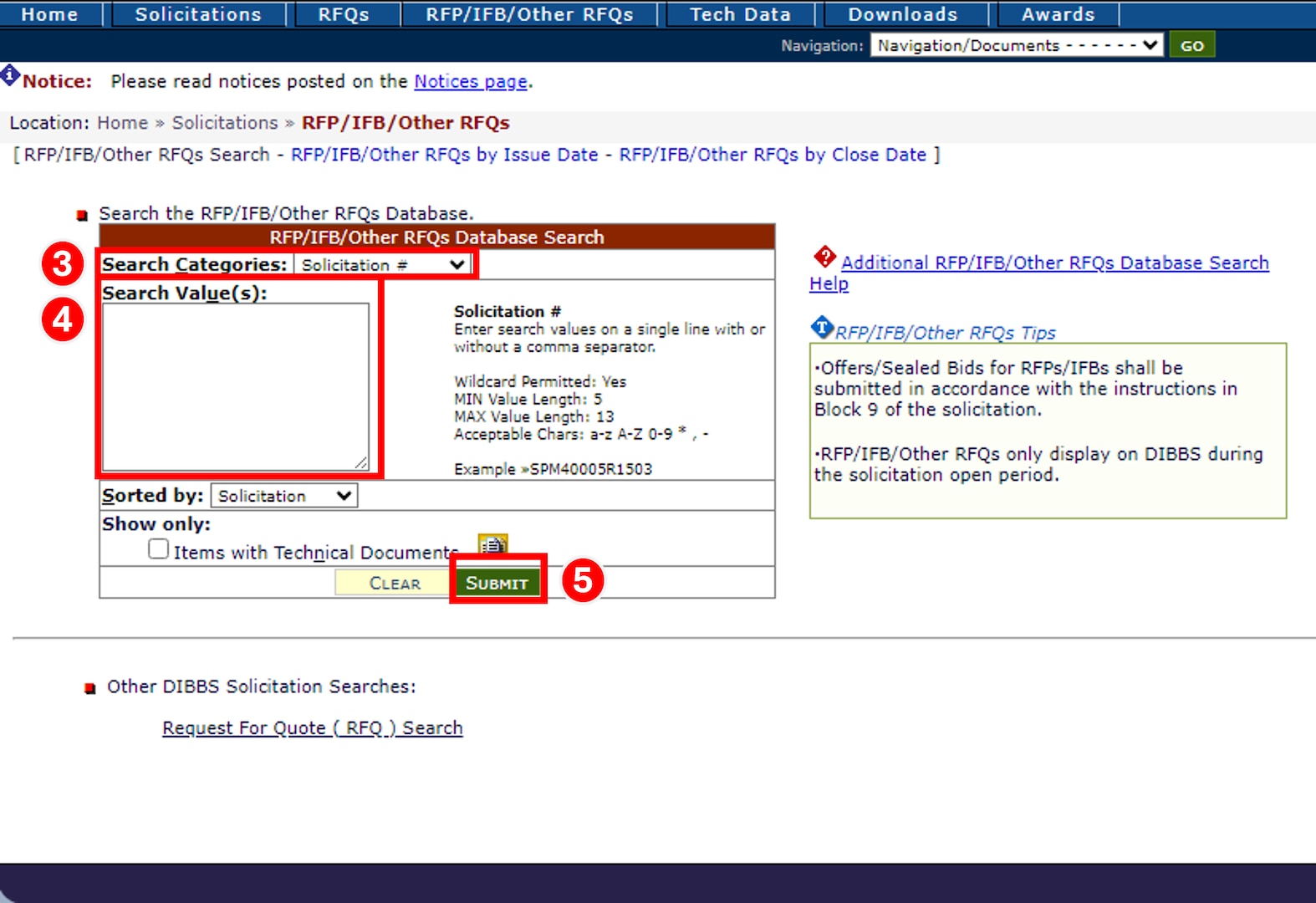 Select a Search Category from the dropdown and enter a search value to conduct a RFP/IFB/Other RFQs Database Search.
