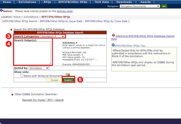 Select a Search Category from the dropdown and enter a search value to conduct a RFP/IFB/Other RFQs Database Search.
