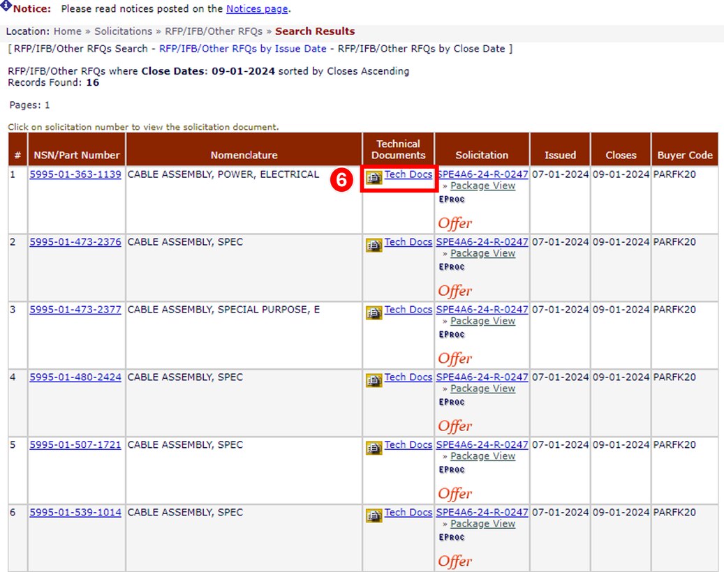 Locate the desired solicitation information and click on the link labeled Tech Docs.