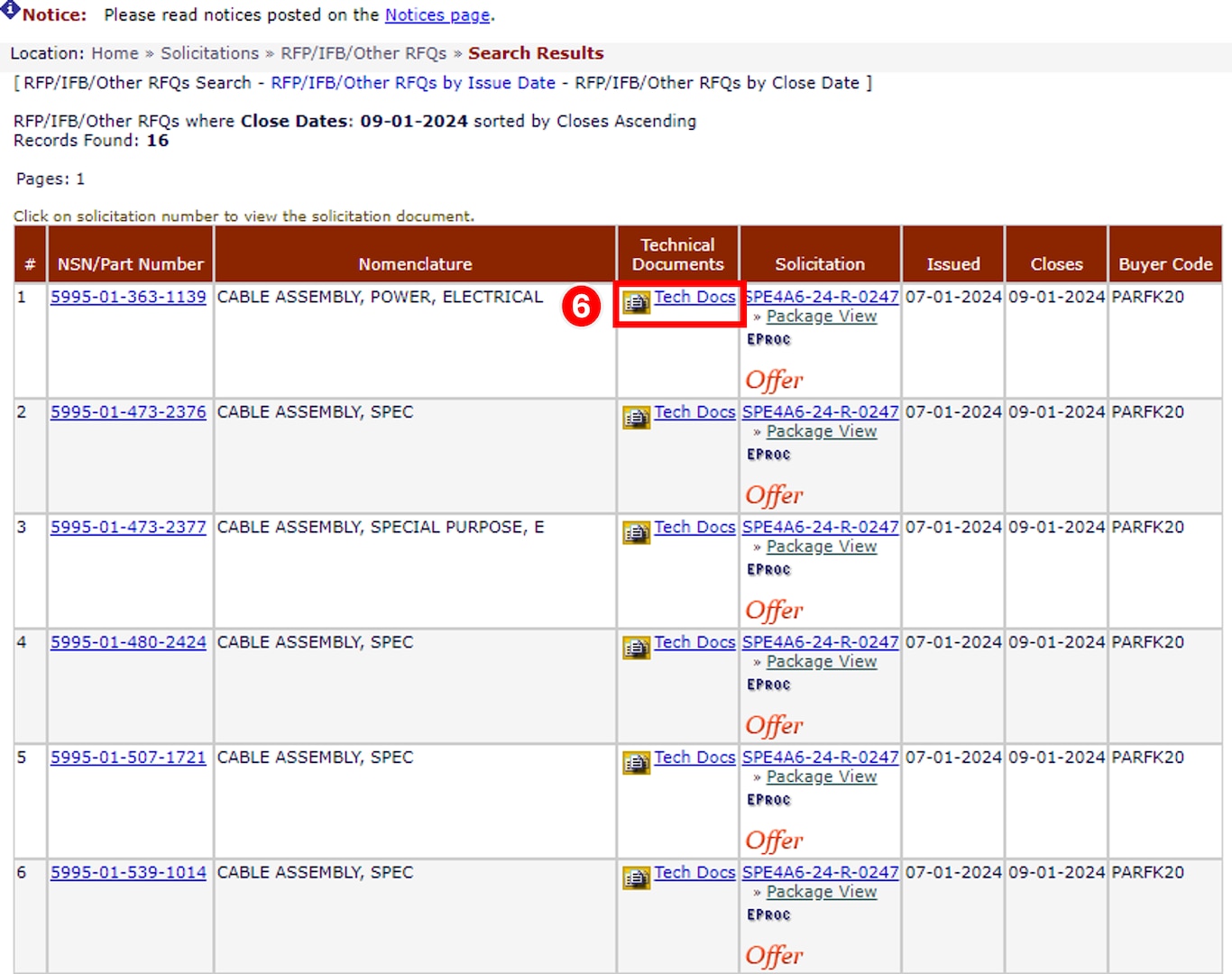 Locate the desired solicitation information and click on the link labeled Tech Docs.