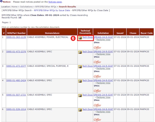 Locate the desired solicitation information and click on the link labeled Tech Docs.