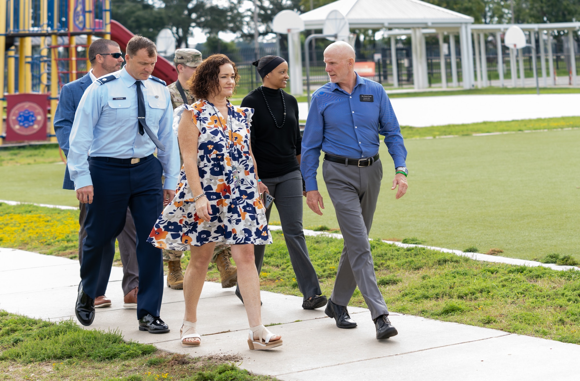 U.S. Air Force Lt. Col. Michael Schrama, 81st Training Wing military school advisor, and Gerald Cross, Keesler school liaison, receive a tour of Back Bay Elementary School from Brooke Fontenelle, Back Bay Elementary School principal, and Mr. Marcus Boudreaux, Biloxi Public School superintendent, Biloxi, Mississippi, Sept. 9, 2024.