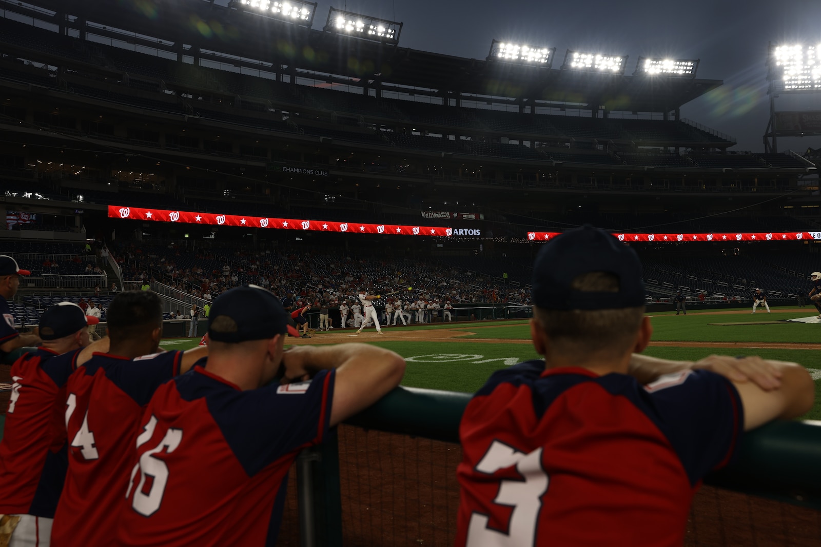 U.S. service members assigned to Marine Corps Base Quantico and Marine Barracks Washington participate in the Battle of the Bases, at Nationals Park, Washington, D.C., Sept. 14, 2024. This softball tournament, hosted by the Washington Nationals, brings together the best teams from military bases across the National Capital Region. (U.S. Marine Corps photo by Lance Cpl. Jeffery Stevens)