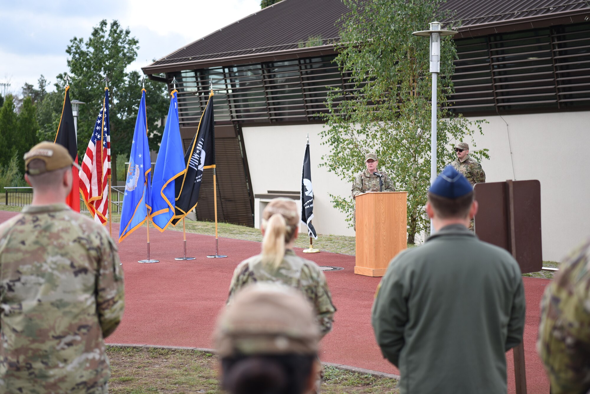 U.S. Air Force Brig. Gen. Adrienne L. Williams, 86th Airlift Wing commander, provides opening remarks prior to the start of the POW/MIA  24-hour walk/run at Ramstein Air Base, Germany, on Sept. 12-13.