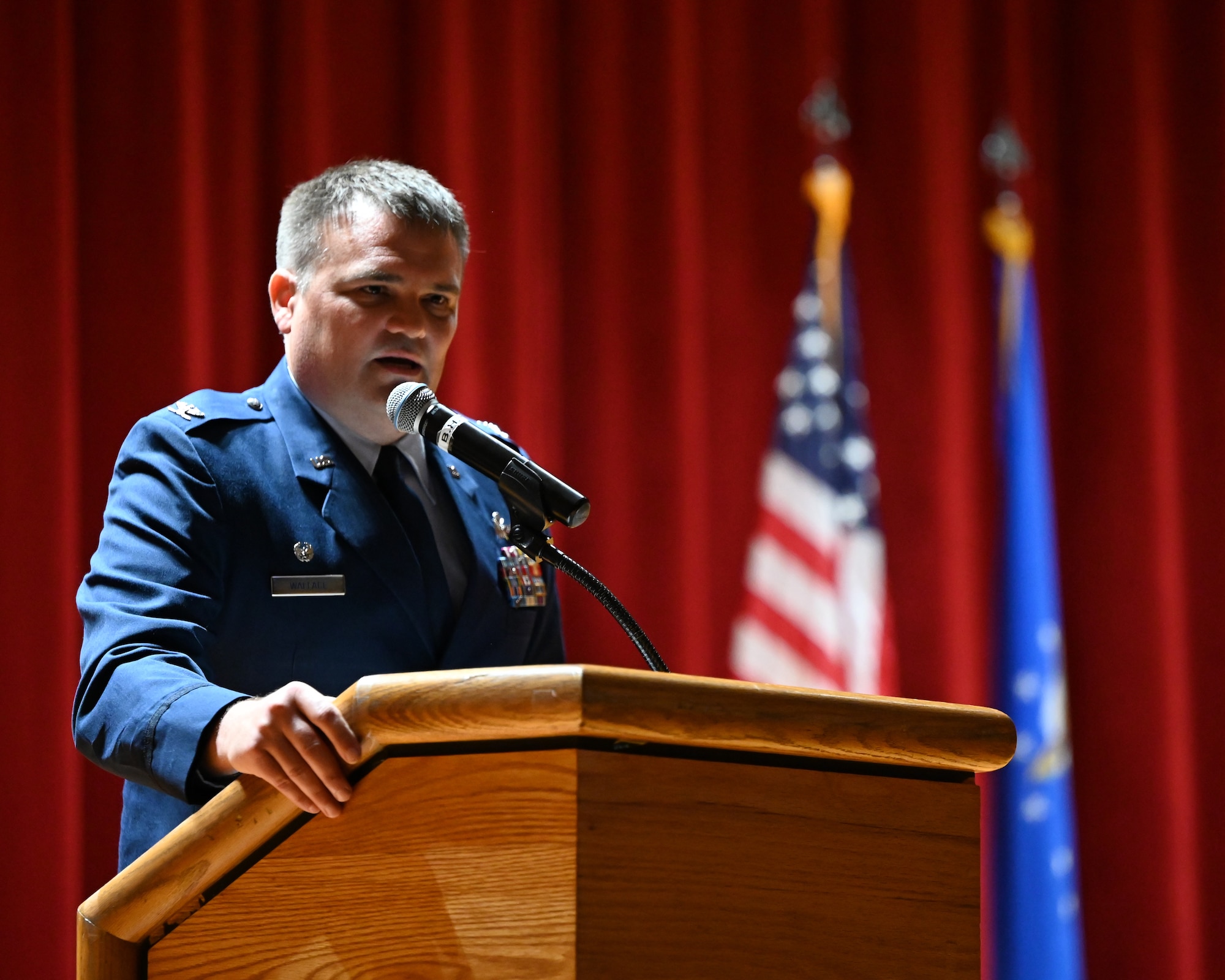 Col. Richard Wallace, commander of the 960th Cyberspace Operations Group, offers thanks to members that supported the redesignation of the 426th Network Warfare Squadron to the 426th Cyberspace Operations Squadron at Joint Base San Antonio-Lackland, Texas on September 15th, 2024. Wallace emphasized the accomplishments and support of Retired USAF Lt. Col. Mark Bishop, previous commander of the 426 NWS, and incoming commander, Lt. Col. Cassandra Lee. He then provided insight on the cyber mission and the value that transformation brings to the service. (US Air Force photo by Alex Dieguez)