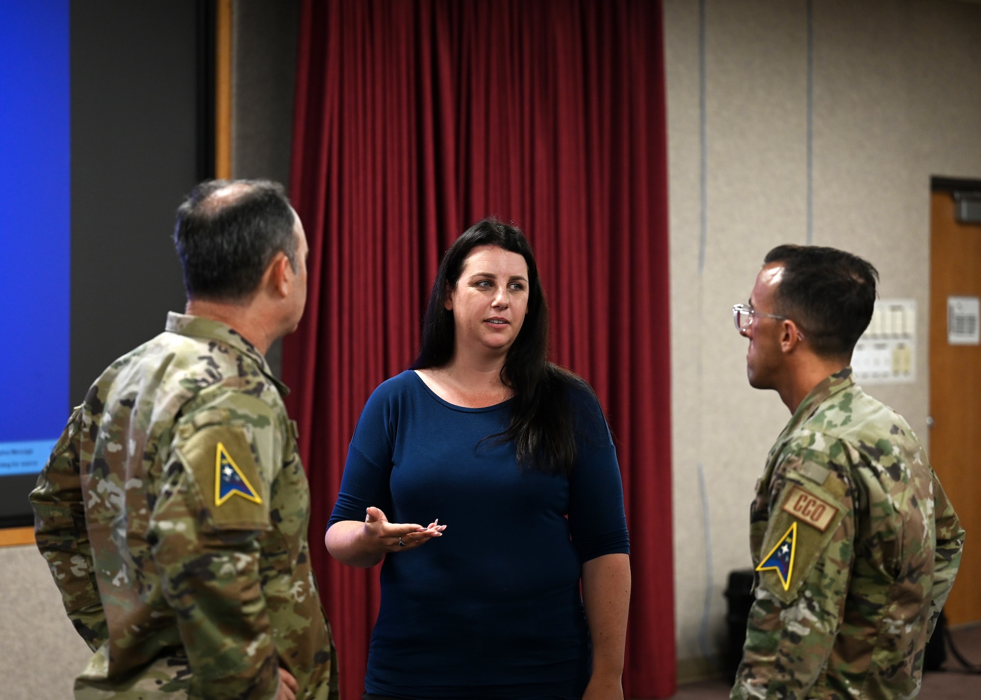 Alyson Kolding, 30th Contracting Squadron contracting officer, debriefs with U.S. Space Force Col. Mark Shoemaker, Space Launch Delta 30 commander