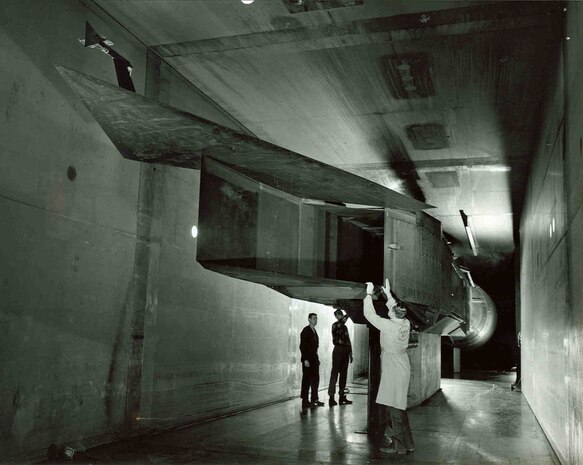 A scale version of the XB-70 Valkyrie inlet with a full-scale YJ93 engine installed is tested in the 16-foot supersonic wind tunnel at Arnold Air Force Base, Tenn., headquarters of Arnold Engineering Development Complex, in 1962. Beginning in the late 1950s and continuing through the mid-1960s, tests were conducted at Arnold Air Force Base, Tenn., headquarters of Arnold Engineering Development Complex, in support of the XB-70 program. Only two Valkyries were built, with only one of the pair remaining. The now-retired aircraft made its first flight on Sept. 21, 1964. (U.S. Air Force photo)