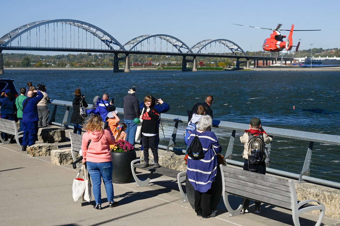 Members of the Rock Island, Illinois, community attend the ‘Mission Mighty Mississippi’ event, Oct. 21, 2023, in Rock Island, Illinois. Vice Adm. Kevin Lunday, commander of Atlantic Area, and crew members hosted the event to showcase Coast Guard capabilities and career opportunities in the region.  (U.S. Coast Guard photo by Petty Officer 3rd Class Kate Kilroy)