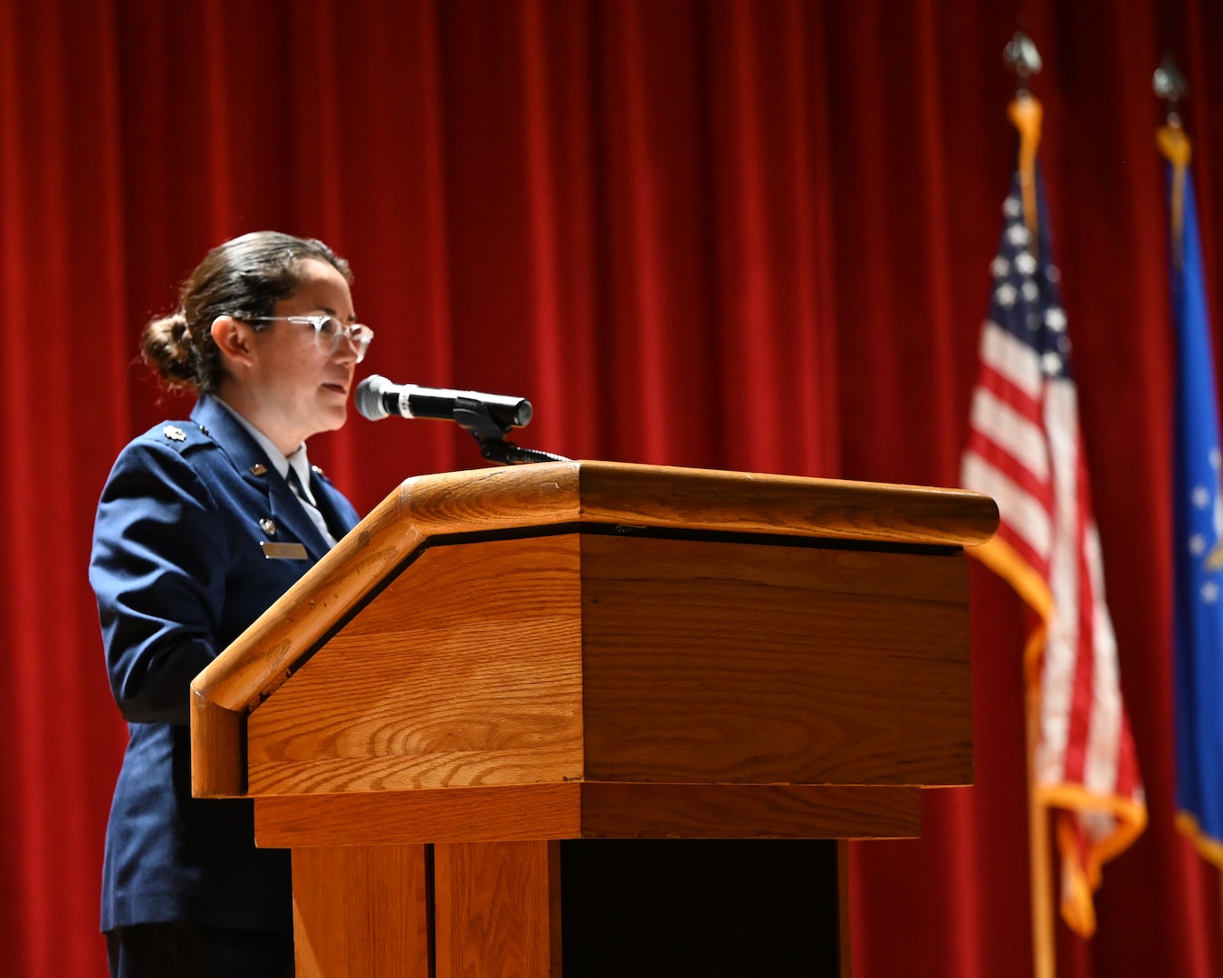 Lt. Col. Cassandra Lee remarks on her vision moving the mission forward, and offers her gratitude to her family and members of the 426th Cyberspace Operations Squadron at Joint Base San Antonio-Lackland, Texas on September 15th, 2024. (US Air Force photo by Alex Dieguez)