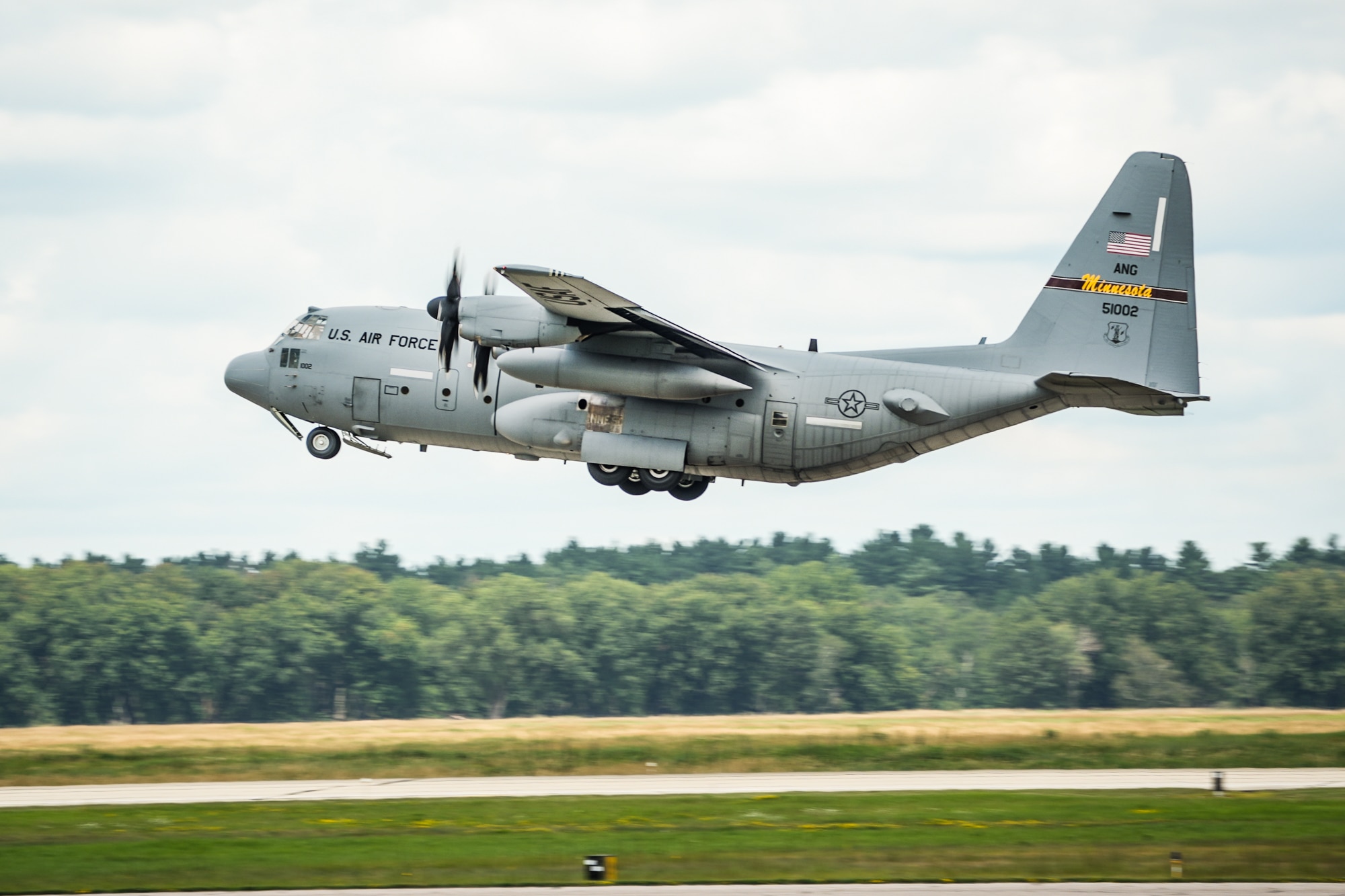 A C-130 assigned to the Minnesota Air National Guard’s 133rd Air Wing takes off from Volk Field, Wis., July 24.