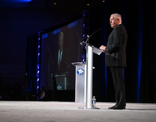 Secretary of the Air Force Frank Kendall gives his keynote address at the Air and Space Forces Association’s Air, Space & Cyber Conference in National Harbor, Md., Sept. 16, 2024. The technology exposition brings together Department of the Air Force leadership, industry experts, academia as well as aerospace and cyberspace specialists from around the world to discuss the issues and challenges facing America today. (U.S. Air Force photo by Andy Morataya)