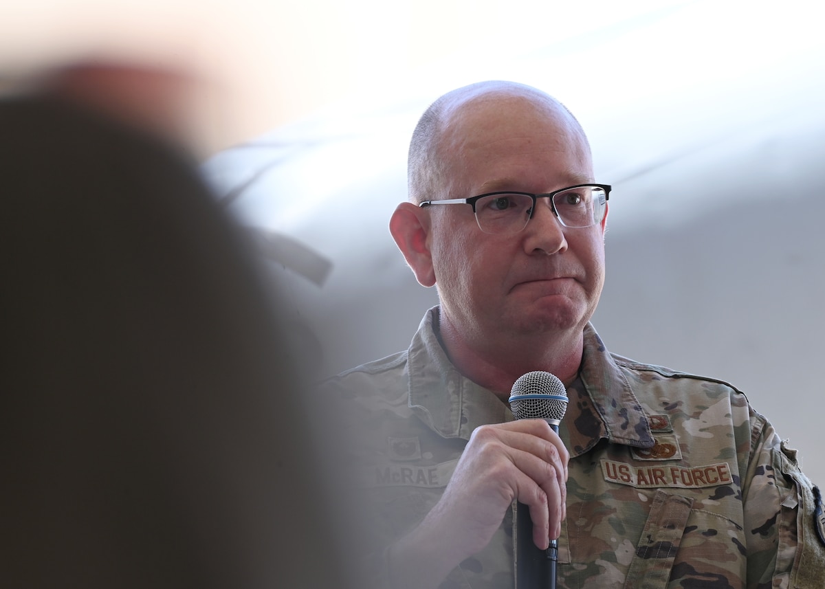U.S. Air Force Col. Clarence McRae, 355th Maintenance Group commander, speaks at the 354th Fighter Squadron inactivation ceremony at Davis-Monthan Air Force Base, Arizona, Sept. 13, 2024. McRae spoke of what the A-10 Thunderbolt II aircraft meant to him over the past decades. (U.S. Air Force photo by Staff Sgt. Abbey Rieves)