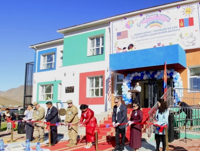 Representatives of the Alaska District, the U.S. Embassy in Ulaanbaatar and local dignitaries attended the handover ceremony for the newly constructed kindergarten in Tosontsengel, Mongolia on Sep. 5, 2024. The new structure is a critical upgrade for the remote community that will accommodate up to 200 children between two and five years old. (Courtesy photo)