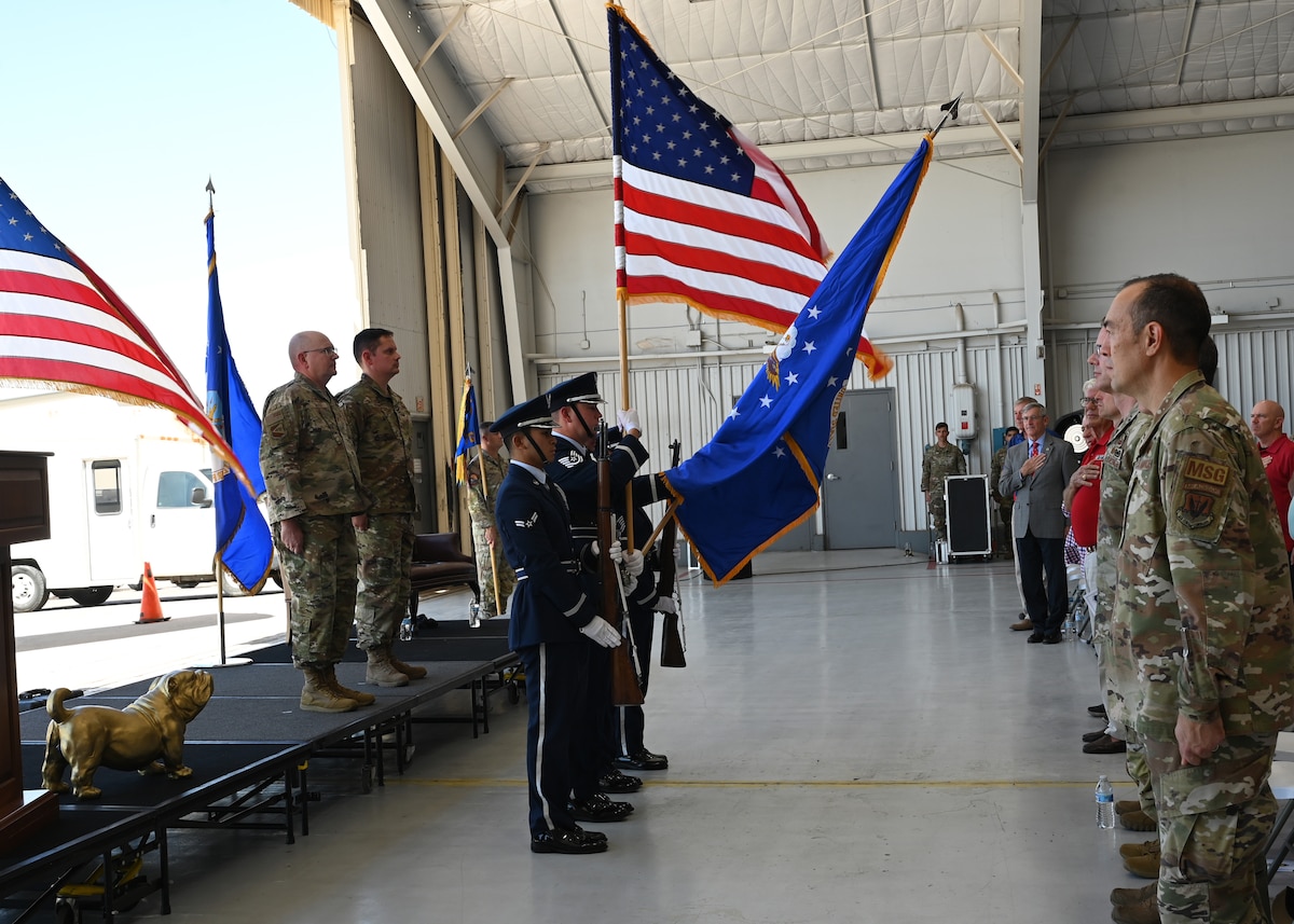 U.S. Airmen assigned to the Davis-Monthan Air Force Base Honor Guard present the colors during the 354th Fighter Generation Squadron inactivation ceremony, at DMAFB, Arizona, Sept. 13, 2024. The colors, or flags, are posted at a military ceremony marking an anniversary or significant event. (U.S. Air Force photo by Staff Sgt. Abbey Rieves)