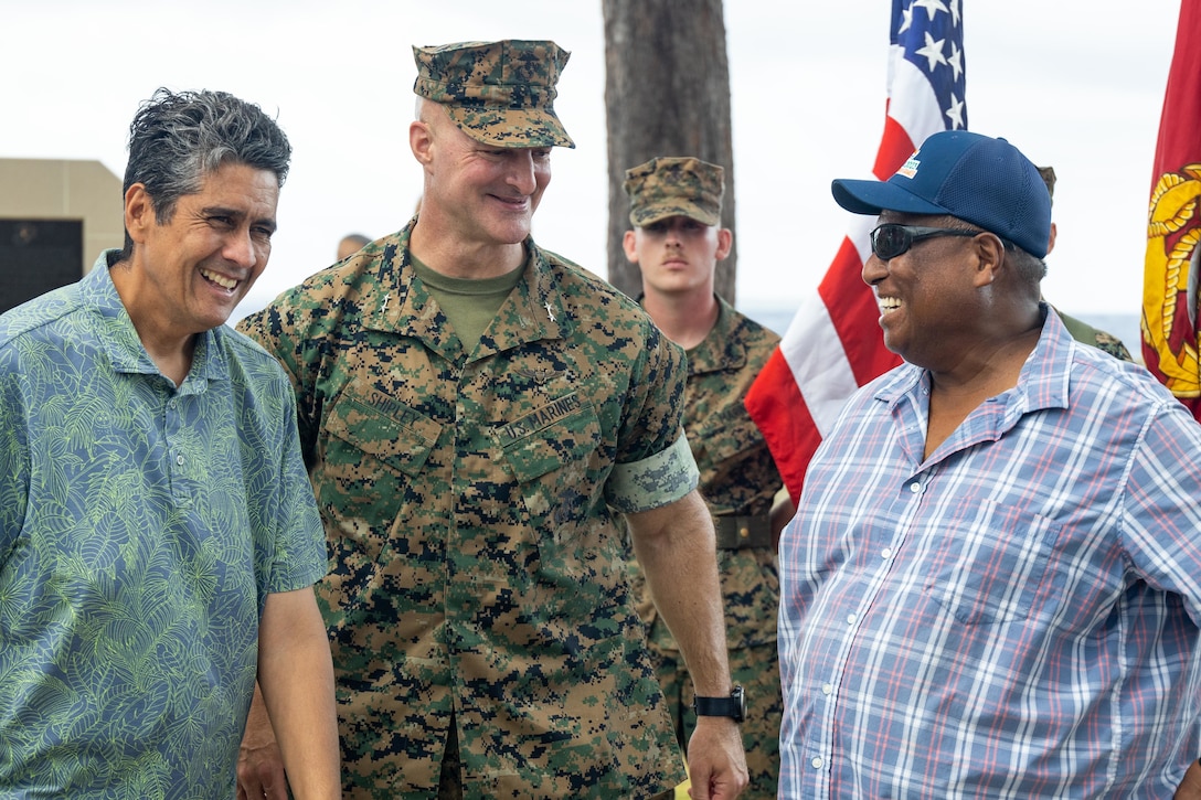The Honorable Mr. Surangel Whipps Jr., left, President, Republic of Palau, U.S. Marine Corps Maj. Gen. Daniel Shipley, center, deputy commander, U.S. Marine Corps Forces, Pacific, and The Honorable Mr. Emais Roberts, Governor, Peleliu State, Republic of Palau converse following the 80th Commemoration of the Battle of Peleliu in Peleliu State, Republic of Palau, Sept. 15, 2024. The exceptional heroism and sacrifices made by Marines and Soldiers at the battle of Peleliu during World War II underscore the United States’ commitment to a free and open Indo-Pacific and inspire us to continue to enhance our strong partnerships in this vital region. (U.S. Marine Corps photo by Lance Cpl. Blake Gonter)