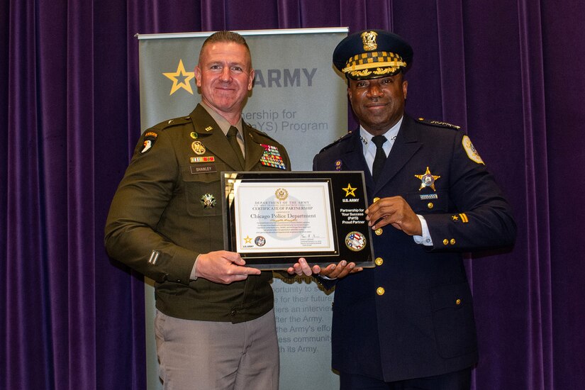 Brig. Gen. Michael Shanley, Commanding General, 85th U.S. Army Reserve Support Command, presented Chicago Police Department Superintendent Larry Snelling with a Certificate of Partnership during a ceremony held at the Chicago Police Department Headquarters on September 13, 2024.