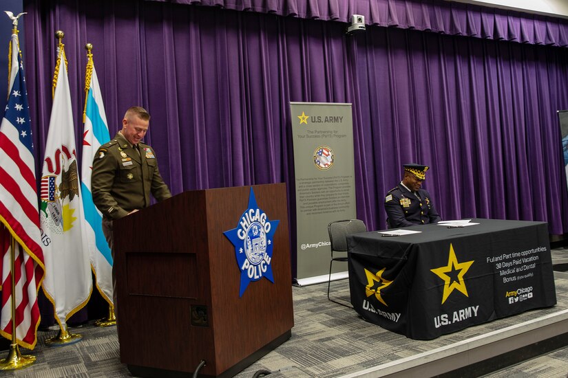 Brig. Gen. Michael Shanley, Commanding General, 85th U.S. Army Reserve Support Command, speaks during a ceremony held at the Chicago Police Department Headquarters on September 13, 2024.