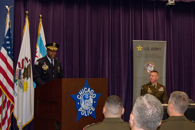 Larry Snelling, Chicago Police Department Superintendent speaks during a ceremony held at the Chicago Police Department Headquarters on September 13, 2024.