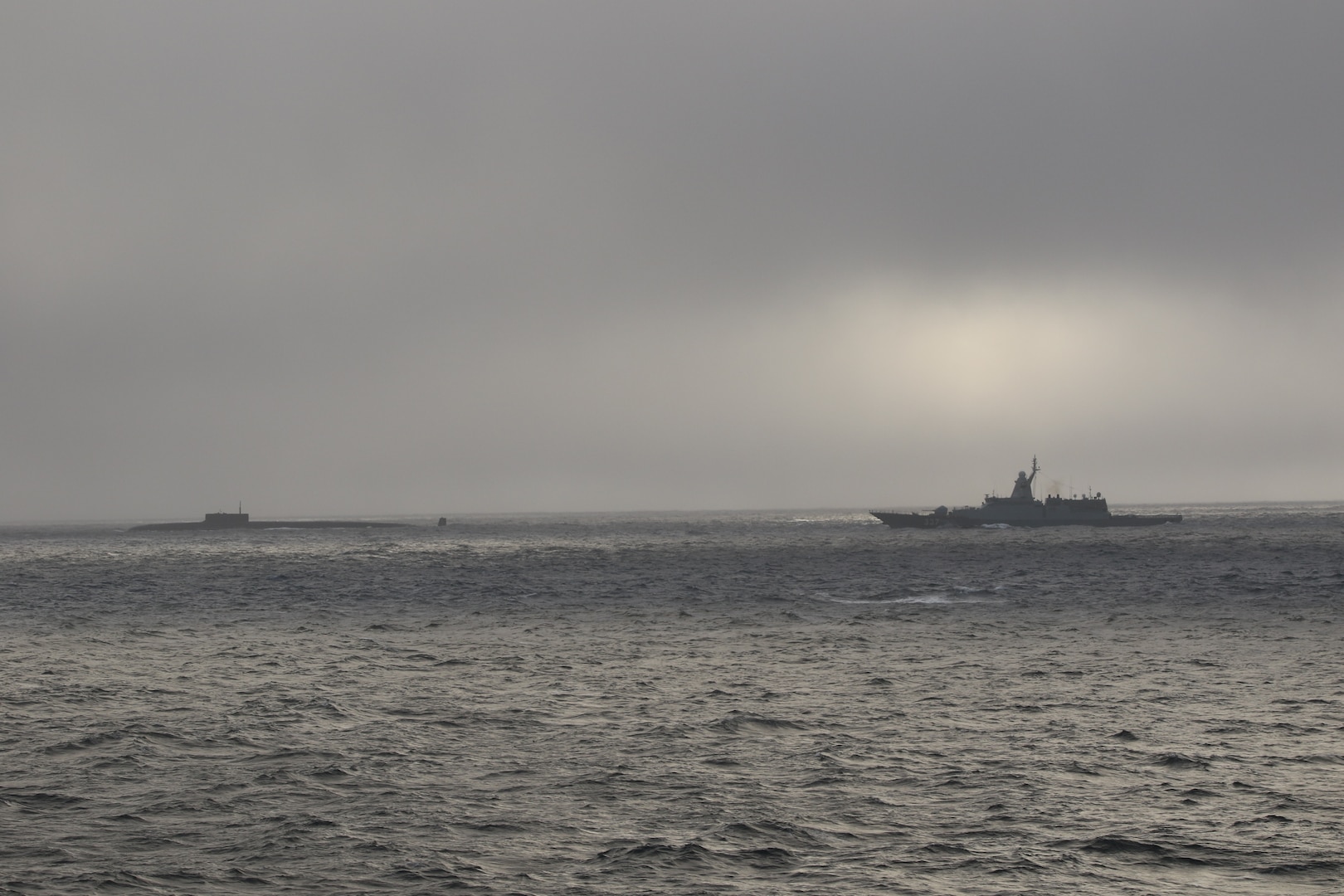 The crew of U.S. Coast Guard Cutter Stratton (WMSL 752) encountered and shadowed four Russian Federation Navy (RFN) vessels 57 miles northwest of Point Hope, Alaska, Sept. 15, 2024. The Russian Surface Action Group consisted of a Severodvinsk-class submarine, a Dolgorukiy-class submarine, a Steregushchiy– class Frigate, and a Seliva-class tug.  Stratton patrolled under Operation Frontier Sentinel, a Coast Guard operation designed to meet presence with presence when strategic competitors operate in and around U.S. waters. (U.S. Coast Guard courtesy photo)