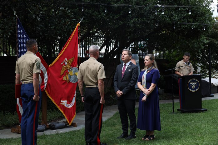 The family of Cpl. Spencer Collart attend a ceremony pose for a photo during an award presentation post humously honoring his heroic actions, Sept. 16, 2024, at Marine Barracks Washington. Gen. Eric M. Smith, 39th Commandant of the Marine Corps, posthumously awarded the Navy and Marine Corps Medal to Cpl. Collart's family in recognition of the heroic actions Collart made while attempting to save the lives of his fellow Marines following a crash of their MV-22 Osprey on Aug. 27, 2023. (U.S. Marine Corps photo by Sgt. Tawanya Norwood)
