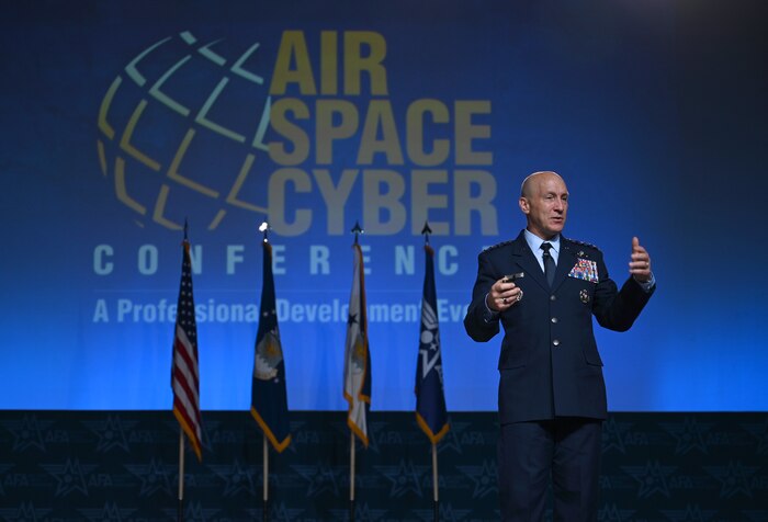 Air Force Chief of Staff Gen. David Allvin gives his keynote address at the Air and Space Forces Association’s Air, Space & Cyber Conference, National Harbor, Md., Sept 16, 2024. The technology exposition brings together Air Force leadership, industry experts, academia as well as aerospace and cyberspace specialists from around the world to discuss the issues and challenges facing America today. (U.S. Air Force photo by Chad Trujillo)