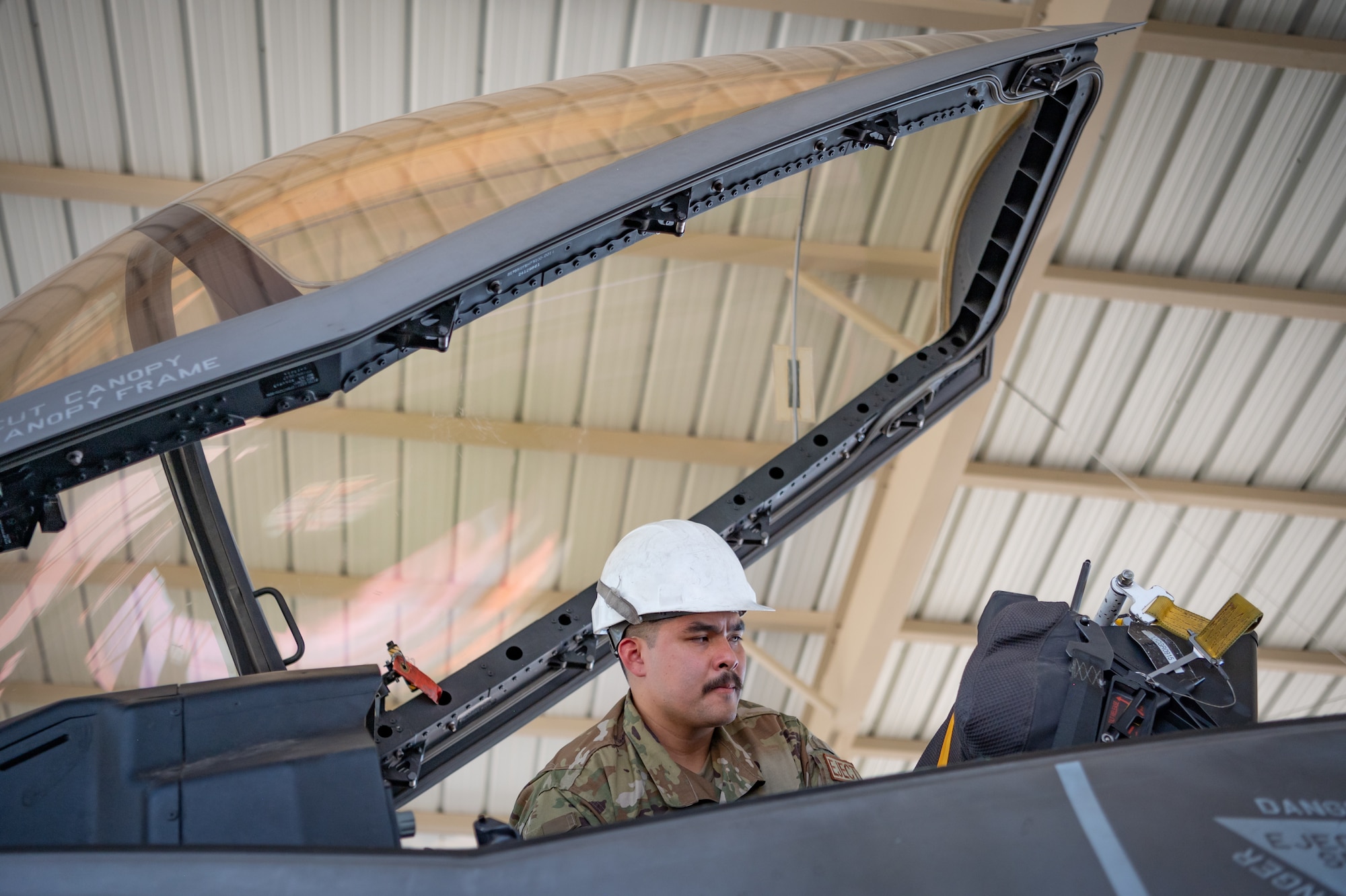 A Reserve Citizen Airman from the 944th Maintenance Group works inside the canopy of an F-35 fighter jet at Luke Air Force Base, Ariz., Sept. 8, 2024. The maintainers perform detailed inspections to guarantee mission readiness. (U.S. Air Force photo by Tech. Sgt. Tyler J. Bolken)