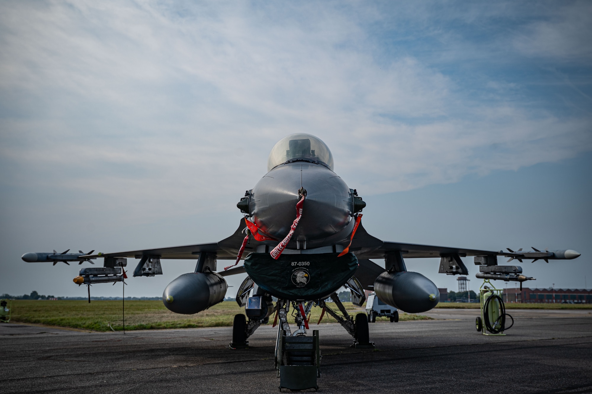 A U.S. Air Force F-16 Fighting Falcon from the 555th Fighter Squadron, Aviano Air Base, Italy, is parked on the flight line after arriving for Cobra Warrior 24-2 at Royal Air Force Mildenhall, England, Sept. 6, 2024.