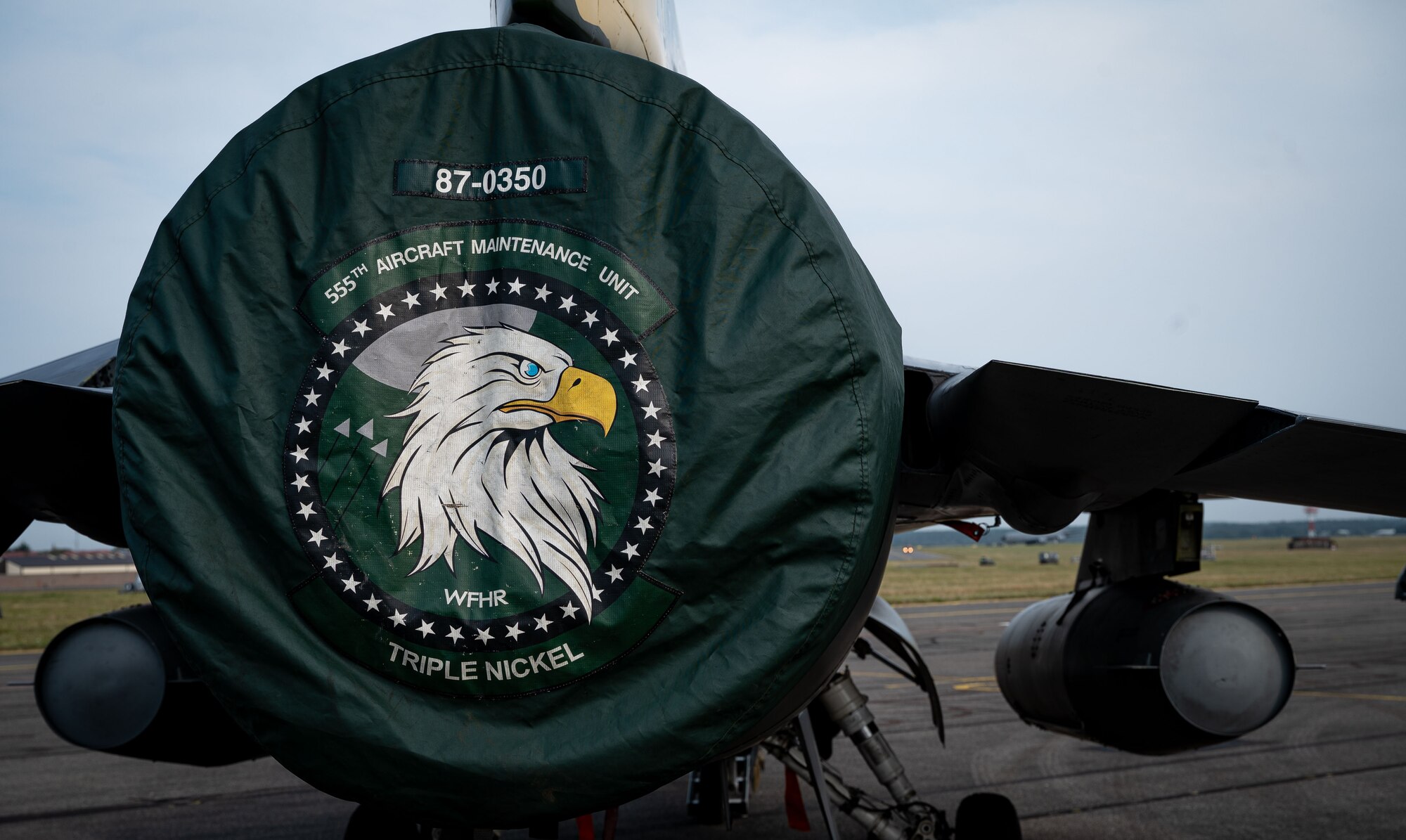 A 555th Aircraft Maintenance Unit engine cover keeps a U.S. Air Force F-16 Fighting Falcon jet-engine free from contact with the environment and debris at Royal Air Force Mildenhall, England, Sept. 6, 2024.