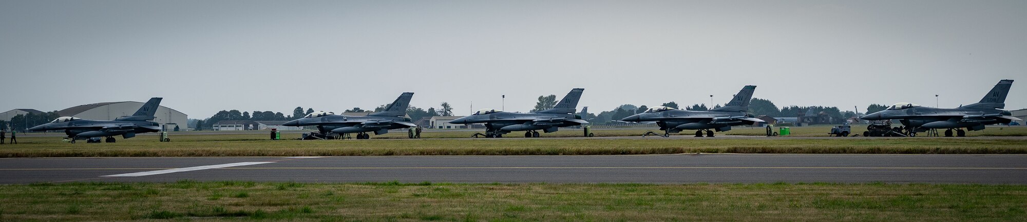 U.S. Air Force F-16 Fighting Falcons from the 555th and 510th Fighter Squadrons, Aviano Air Base, Italy, are parked after arriving for Cobra Warrior 24-2 at Royal Air Force Mildenhall, England, Sept. 6, 2024.