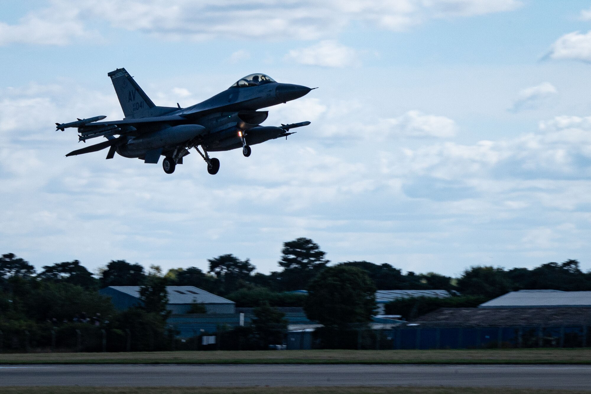 A U.S. Air Force F-16 Fighting Falcon from the 555th Fighter Squadron, Aviano Air Base, Italy, lands after a training flight during Cobra Warrior 24-2 at Royal Air Force Mildenhall, England, Sept. 16, 2024.