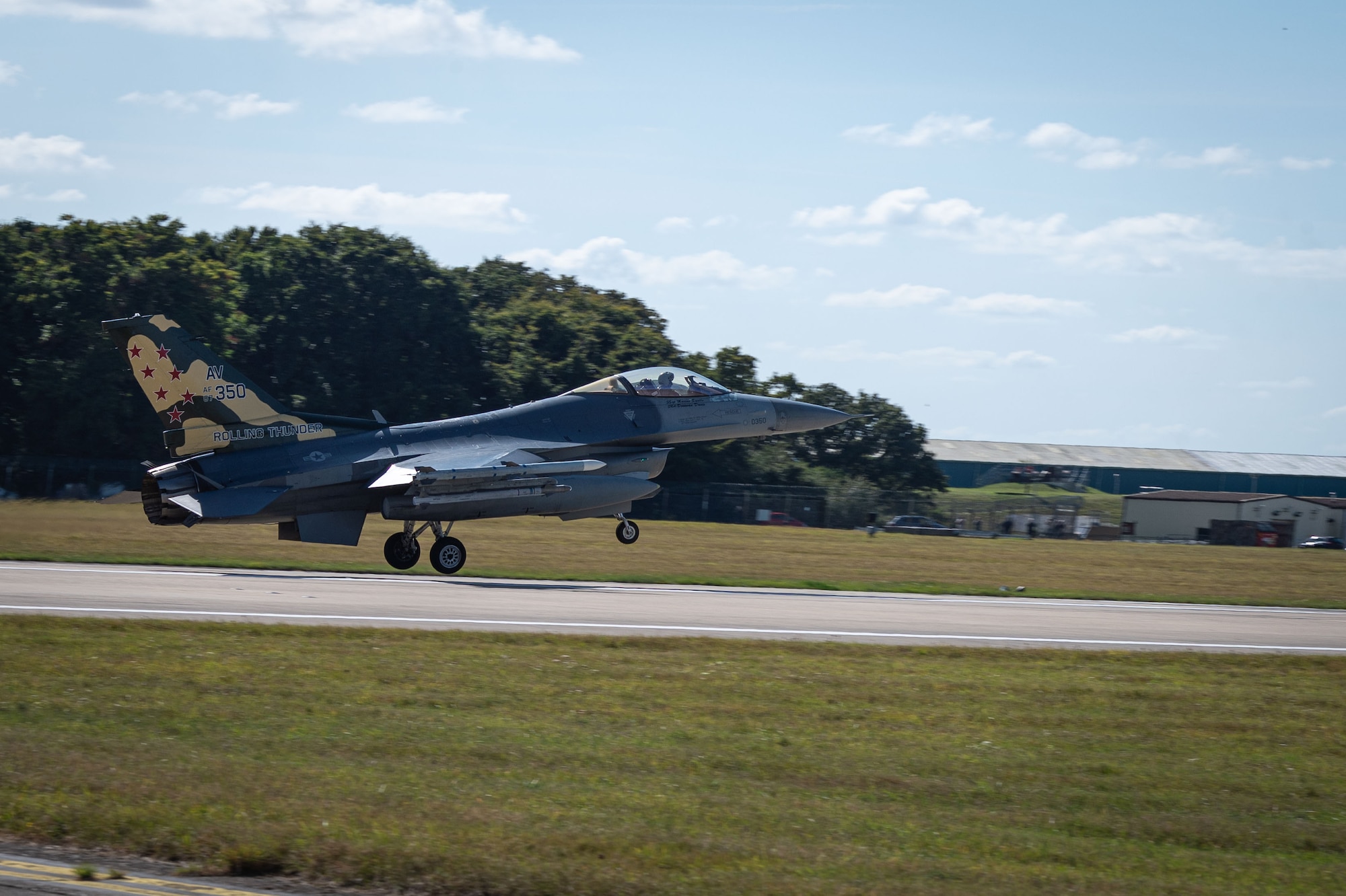 A U.S. Air Force F-16 Fighting Falcon from the 555th Fighter Squadron, Aviano Air Base, Italy, lands after a training flight during Cobra Warrior 24-2 at Royal Air Force Mildenhall, England, Sept. 16, 2024.