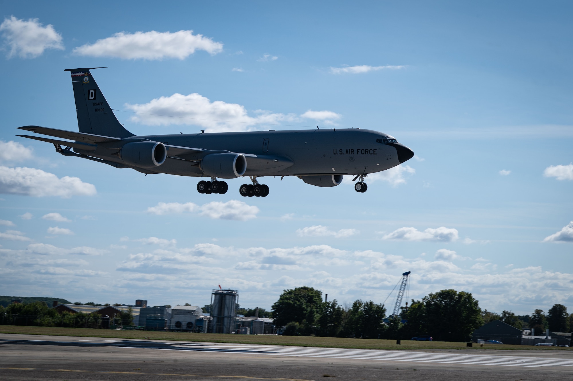 A U.S. Air Force KC-135 Stratotanker from the 100th Air Refueling Wing lands after a training flight during Cobra Warrior 24-2 at Royal Air Force Mildenhall, England, Sept. 16, 2024.