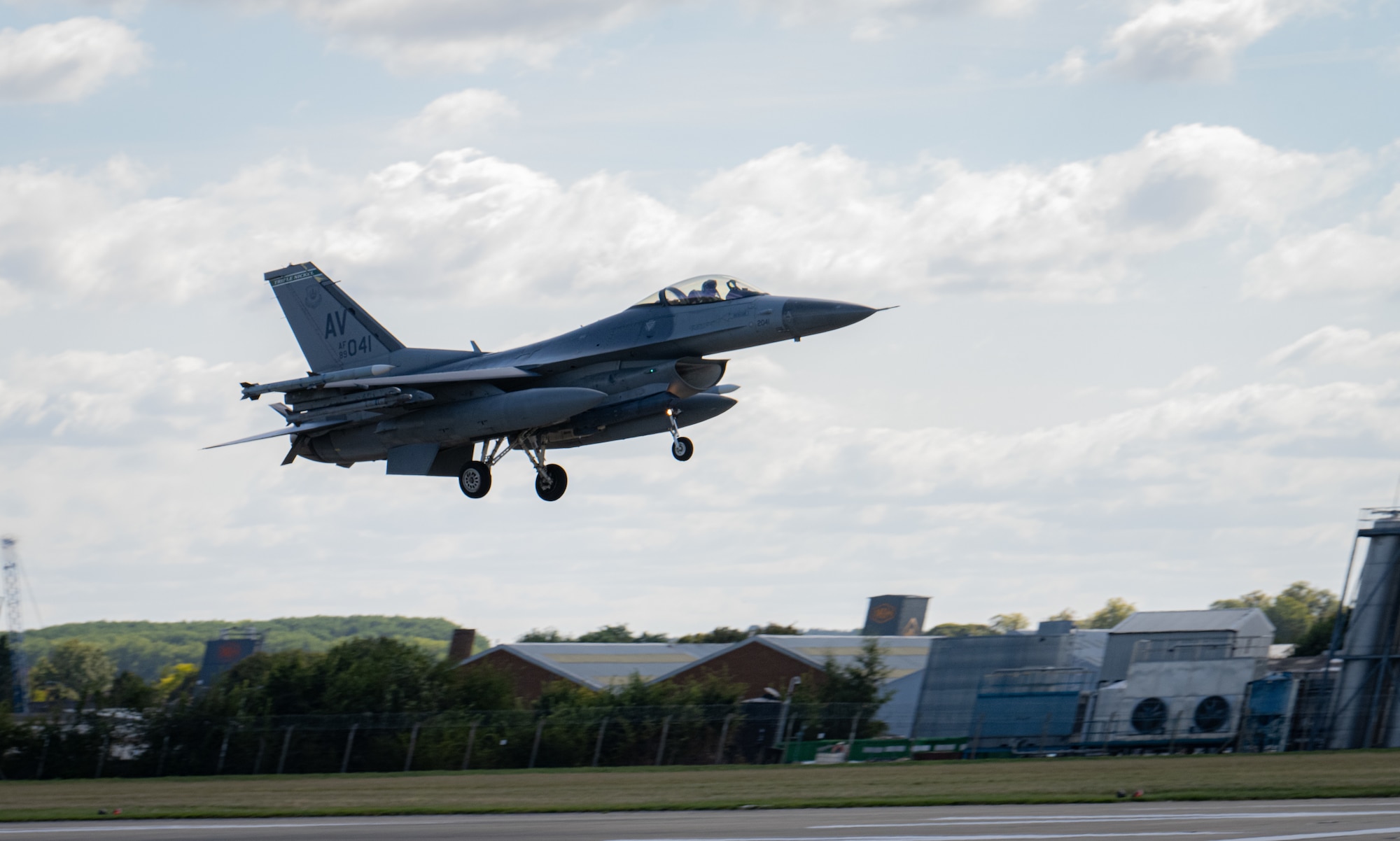 A U.S. Air Force F-16 Fighting Falcon from the 555th Fighter Squadron, Aviano Air Base, Italy, lands after a training flight during Cobra Warrior 24-2 at Royal Air Force Mildenhall, England, Sept. 16, 2024.