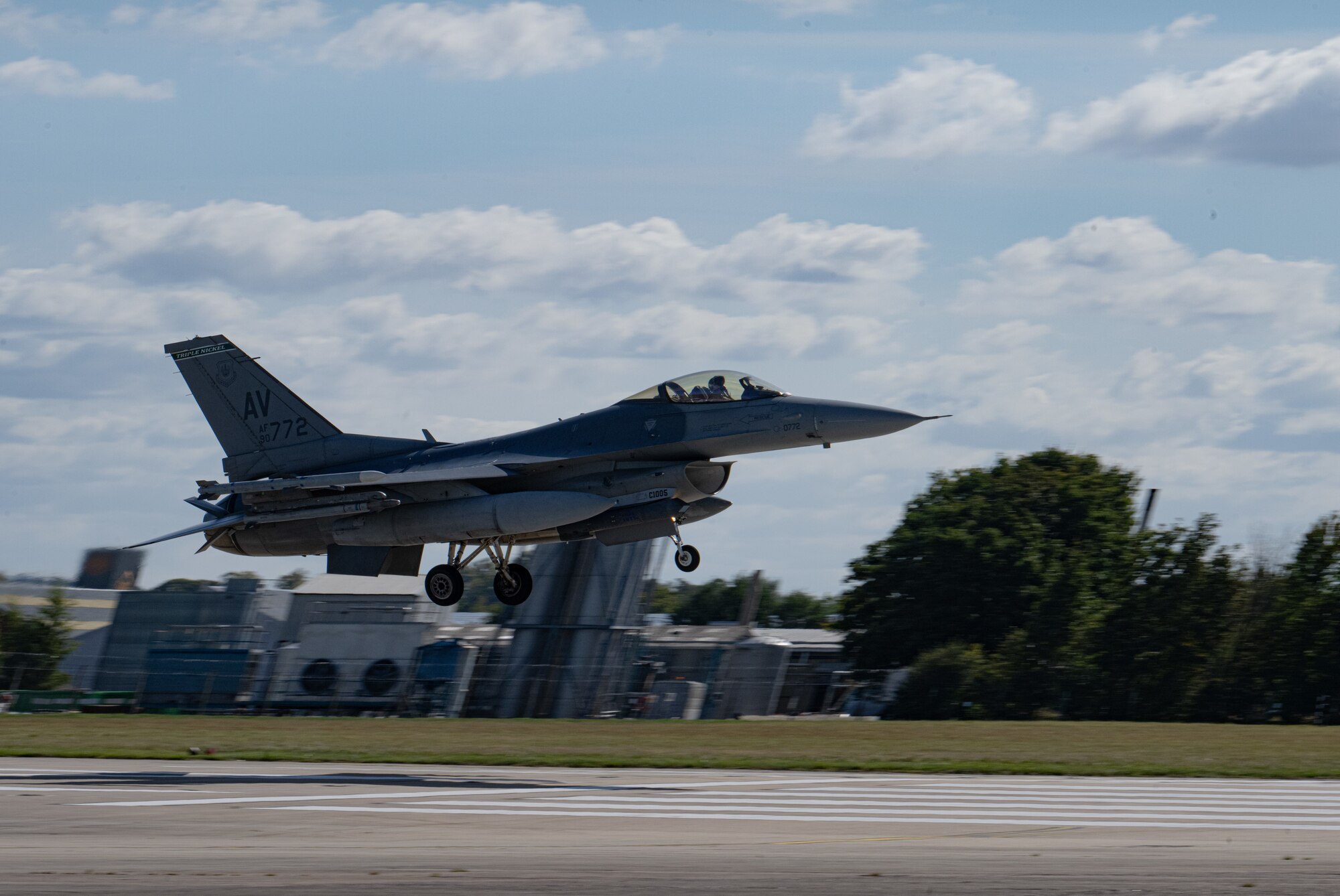 A U.S. Air Force F-16 Fighting Falcon from the 555th Fighter Squadron, Aviano Air Base Italy, lands after a training flight during Cobra Warrior 24-2 at Royal Air Force Mildenhall, England, Sept. 16, 2024.